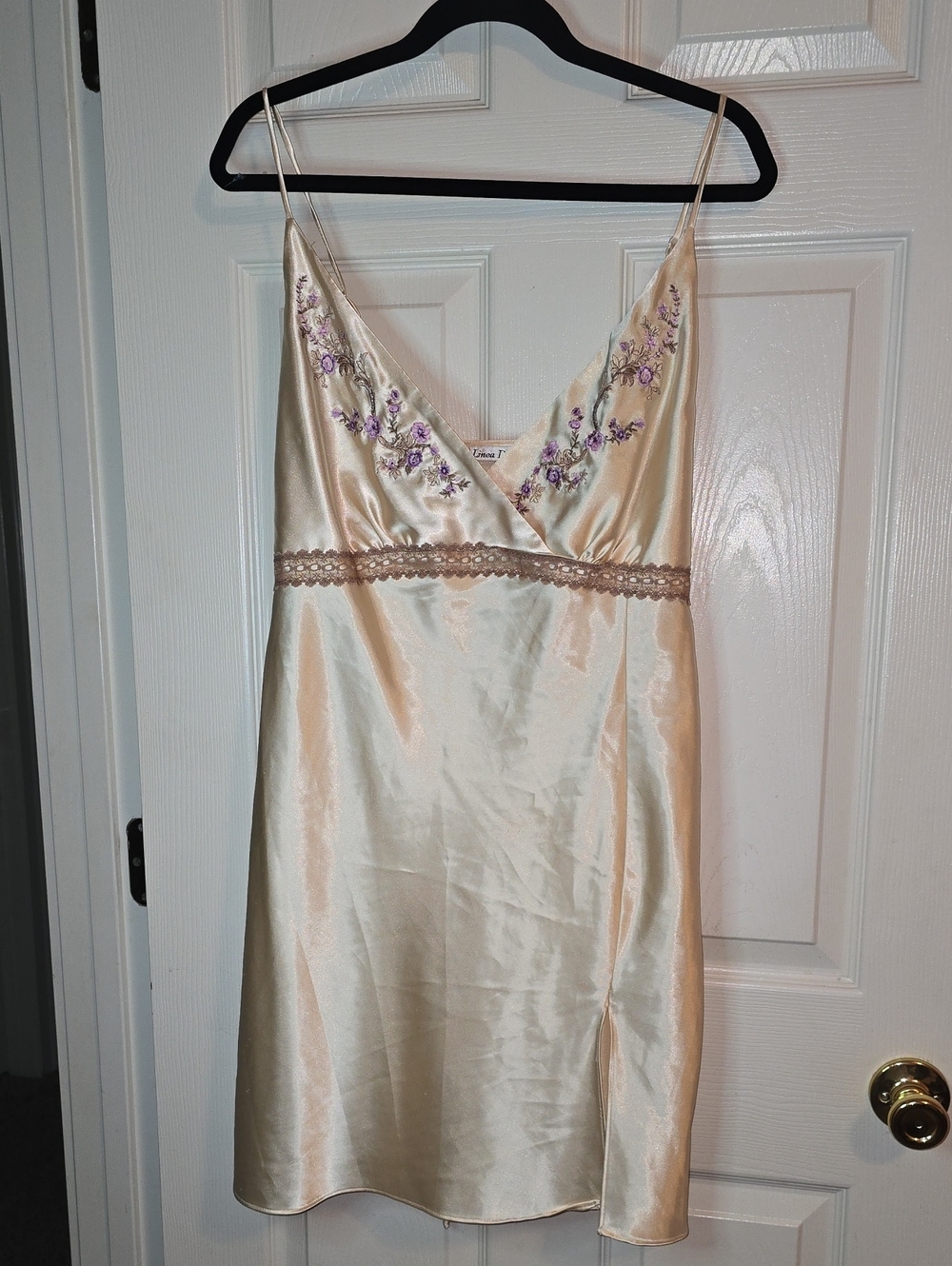 Linea Donatella Cream Satin Chemise with Lavender Floral Embroidery